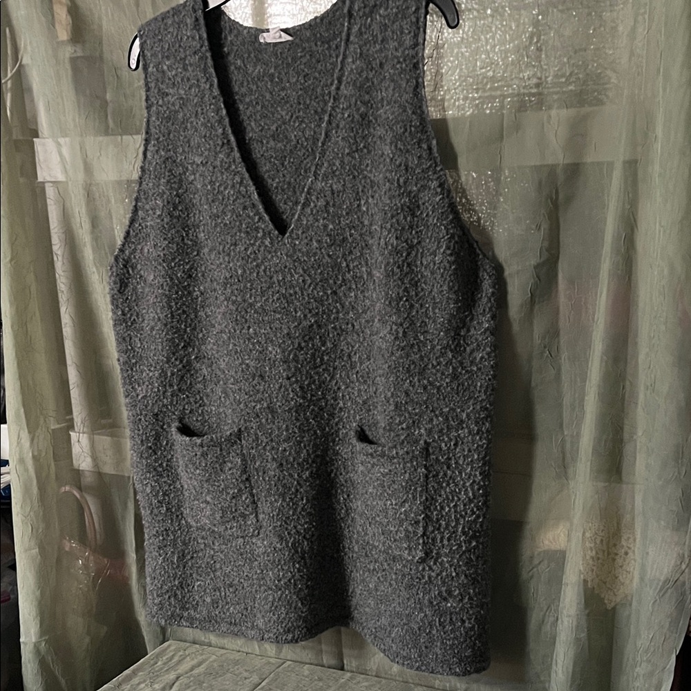 Cozy Gray V-Neck Mini Dress with Pockets 32” length
